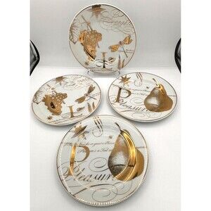 Pottery Barn Salad Dessert Plates Bone China Poetry Gold Trimmed 8.5" Set of 4